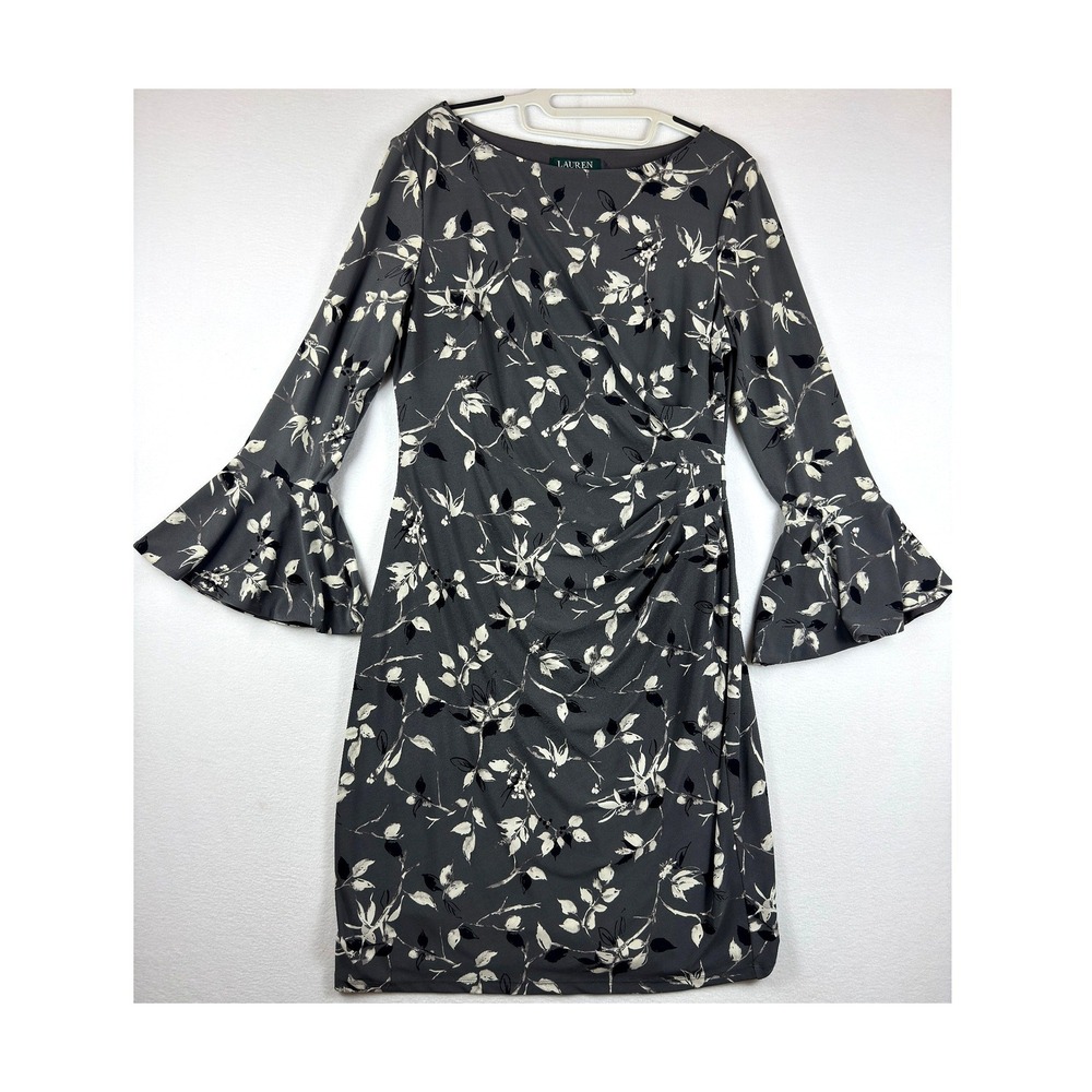 Lauren Ralph Lauren Floral Bell Sleeve Sheath Dress Womens 12 Grey Macy's‎ 0518